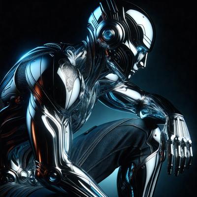 The primary subject of the image is a robot, specifically a humanoid robot, with a metallic appearance. The robot is sitting down, possibly in a dark environment, and appears to be contemplating or deep in thought. The visual style of the image is digital art, as it is a detailed and intricate representation of the robot. The colors and mood of the image are predominantly dark and moody, with the robot's metallic appearance adding a sense of futuristic and technological atmosphere.